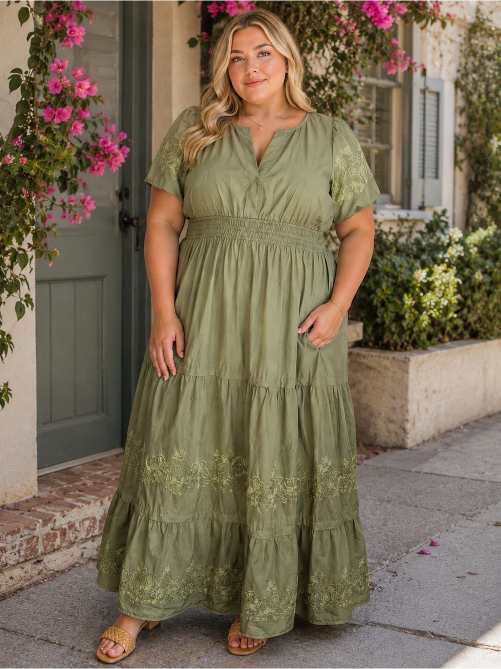 Chicsoul southern boutique Alabama womens 1x full length green embroidered dress